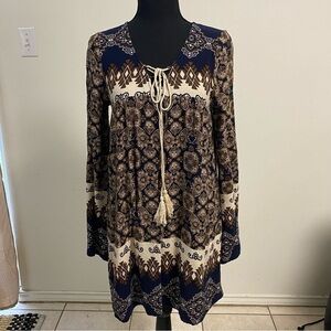 Altar’d State Dress Women’s Size Medium Brown Blue Boho Tunic Mini Dress